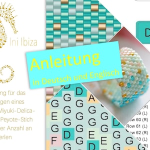 Könnte beinhalten: Ein türkisfarbener und goldfarbener Perlenring mit Anleitung zur Herstellung in Deutsch und Englisch. Die Anleitung enthält eine Tabelle mit Buchstaben und Zahlen. Das Bild zeigt auch ein goldenes Seepferdchen mit dem Text "Ini Ibiza".