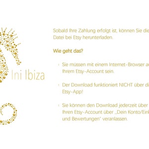 May include: A gold seahorse illustration with the text "Ini Ibiza" below it. The text below the illustration explains how to download a PDF file after purchasing it on Etsy.