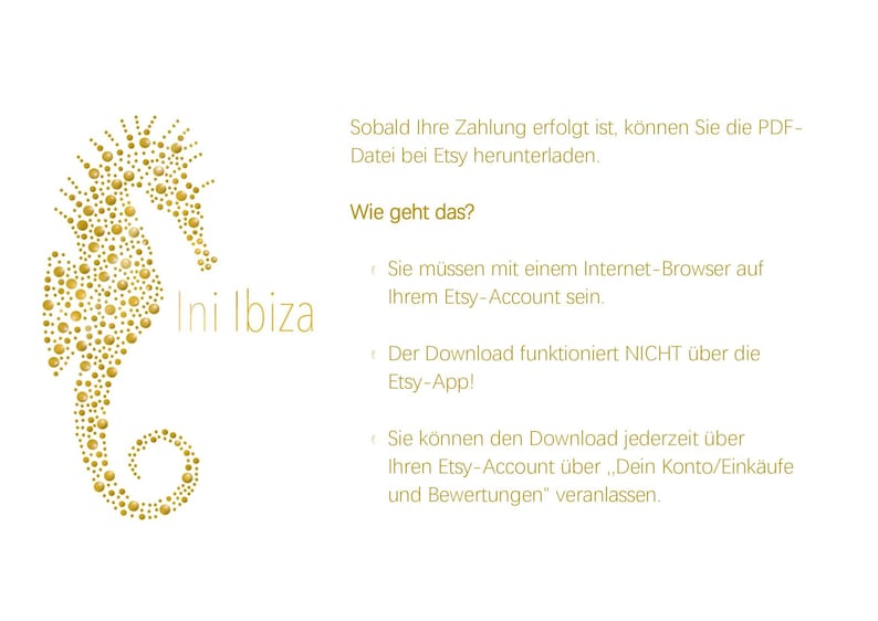 May include: A gold seahorse illustration with the text "Ini Ibiza" below it. The text below the illustration explains how to download a PDF file after purchasing it on Etsy.