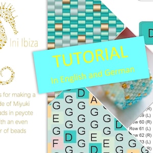 Könnte beinhalten: Ein türkisfarbenes und goldenes Perlenarmband mit einem Tutorial in Englisch und Deutsch. Das Tutorial enthält eine Tabelle mit Anweisungen zum Herstellen des Armbands.