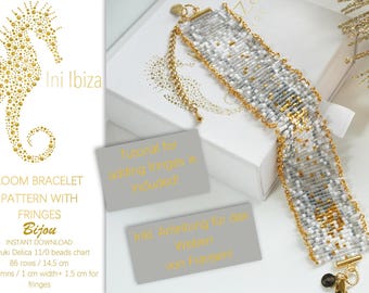 May include: A beaded loom bracelet with fringes, featuring a pattern of white, gray, and gold beads. The bracelet is displayed on a white box with gold chain accents. The image includes text that says "Loom Bracelet Pattern with Fringes".