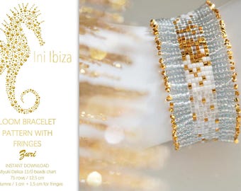 May include: A loom bracelet pattern with fringes, called "Zuri", made with Miyuki Delica 11/0 beads. The pattern is for a bracelet that is 12.5 cm long and 1 cm wide, with an additional 1.5 cm for fringes.