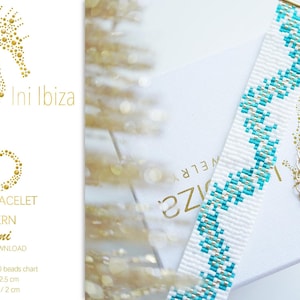 May include: A white loom bracelet pattern with turquoise and gold beads. The pattern is called "Alani" and is for a bracelet that is 12.5 cm long and 2 cm wide. The pattern is for use with Miyuki Delica 11/0 beads.