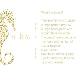 May include: A gold seahorse silhouette made of small circles, with the text "Ini Ibiza" below. The text "What's included?" and a list of items included in a beading pattern are on the right side of the image.