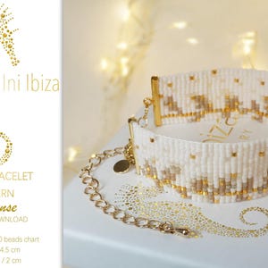 May include: A white and gold beaded loom bracelet with a gold chain clasp. The bracelet features a geometric pattern and the text "Ini Ibiza". The image also includes a seahorse illustration and text that reads "LOOM BRACELET PATTERN Hortense".
