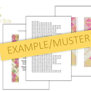 May include: A colorful beaded bracelet pattern with instructions for making the bracelet. The pattern includes a chart with color codes and a diagram of the bracelet. The text on the page reads "Ini Ibiza" and "Example/Muster".