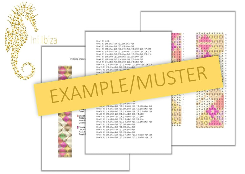 May include: A colorful beaded bracelet pattern with instructions for making the bracelet. The pattern includes a chart with color codes and a diagram of the bracelet. The text on the page reads "Ini Ibiza" and "Example/Muster".