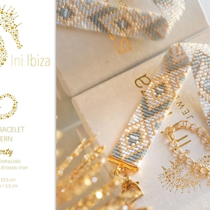 May include: A white and gray beaded bracelet with a gold clasp. The bracelet is made with Miyuki Delica 11/0 beads and is 12.5 cm long and 1.5 cm wide. The bracelet is called "Liberty" and is an instant download pattern from Ini Ibiza.