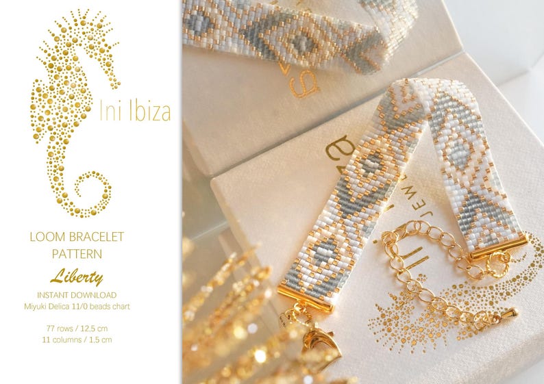 May include: A white and gray beaded bracelet with a gold clasp. The bracelet is made with Miyuki Delica 11/0 beads and is 12.5 cm long and 1.5 cm wide. The bracelet is called "Liberty" and is an instant download pattern from Ini Ibiza.