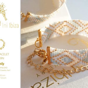 May include: A white and gold loom bracelet pattern called "Liberty" by Ini Ibiza. The pattern is for a beaded bracelet with a geometric design. The pattern is for Miyuki Delica 11/0 beads and measures 12.5 cm long and 1.5 cm wide.