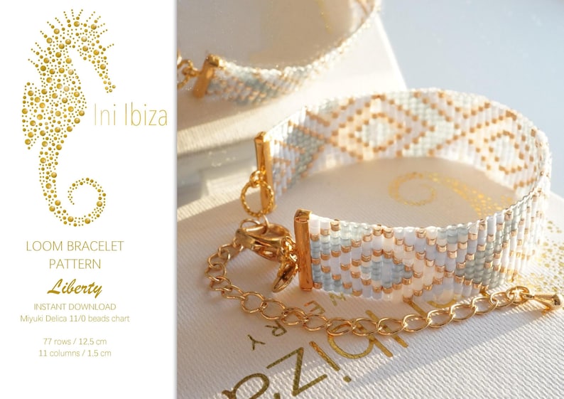 May include: A white and gold loom bracelet pattern called "Liberty" by Ini Ibiza. The pattern is for a beaded bracelet with a geometric design. The pattern is for Miyuki Delica 11/0 beads and measures 12.5 cm long and 1.5 cm wide.