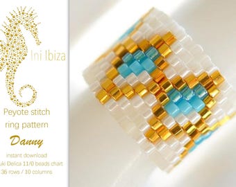 Perlenring-Muster „Danny“ – PDF Anleitung für gefädelten Ring im Peyote Stich aus Miyuki Delica Perlen in Weiß, Türkis und Gold
