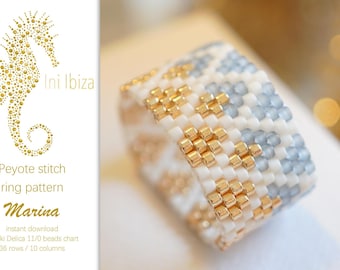 Schema per anello con perline “Marina” – Istruzioni PDF per un anello infilato in punto peyote utilizzando perline Miyuki Delica in azzurro, bianco e oro