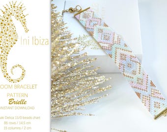 May include: A beaded loom bracelet with a geometric pattern in pastel colors of pink, blue, and gold. The bracelet is approximately 5.7 inches long and 0.8 inches wide. The image also includes text that reads "Ini Ibiza" and "Brielle".