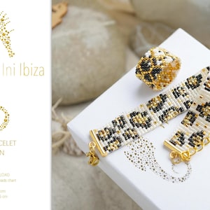 May include: A beaded bracelet, ring, and chain with a leopard print design. The bracelet is 12.5 cm long. The jewellery is gold, black, and white. The image also includes the text "Ini Ibiza" and "LOOM BRACELET PATTERN Leo".