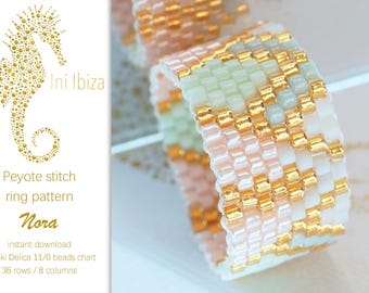 Beaded ring pattern “Nora” for Peyote – immediate PDF digital download, exclusive Ini Ibiza design in soft pastel colours and gold