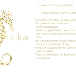 May include: A gold seahorse silhouette made of small circles, with the text "Ini Ibiza" below. The text "DIESES MUSTER BEINHALTET:" is at the top of the image, followed by a list of items included in the pattern.