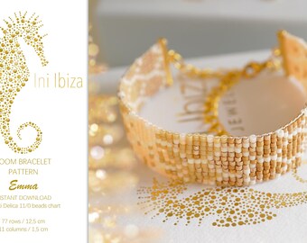 May include: A beaded bracelet with a white and beige pattern, made with Miyuki Delica 11/0 beads. The bracelet is 12.5 cm long and 1.5 cm wide. The bracelet is on a white surface with a gold seahorse design.