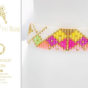 Beadloom pattern for a bracelet made of Miyuki Delica 11/0 beads, Lora, the colors are white, neons and gold, the pattern is easy to follow