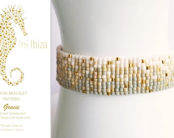 May include: A loom bracelet pattern called "Gracie" featuring a white, beige, and gold color scheme. The pattern is for a bracelet that is 12.5 cm long and 1.5 cm wide. The pattern is for use with Miyuki Delica 11/0 beads.