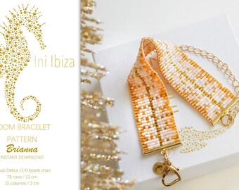 May include: A loom bracelet pattern called Brianna, featuring a beaded bracelet with a gold clasp and a heart-shaped charm. The pattern is for a bracelet that is 13 cm long and 2 cm wide, using Miyuki Delica 11/0 beads.