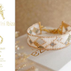 May include: A loom bracelet pattern for a beaded bracelet called "River". The pattern is for a bracelet that is 12.5 cm long and 1.5 cm wide. The bracelet is made with Miyuki Delica 11/0 beads.