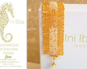 May include: A gold loom bracelet pattern with fringes, called "June", made with Miyuki Delica 11/0 beads. The pattern is 12.5 cm long and 1 cm wide, with an additional 1.5 cm for the fringes.