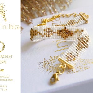 May include: A white and gold loom bracelet pattern with the text "Glam" and "Ini Ibiza" on a white background. The pattern is for a bracelet that is 12.5 cm long and 1 cm wide.