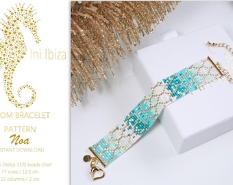 May include: A turquoise and white beaded bracelet with a gold clasp. The bracelet is 12.5 cm long and 2 cm wide. The bracelet is made with Miyuki Delica 11/0 beads. The pattern is called "Noa" and is available for instant download.