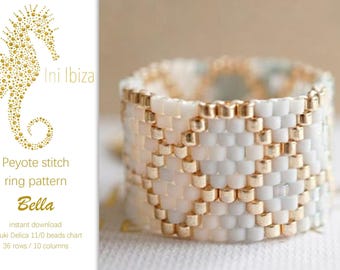 Mönster för pärlring “Bella” – Instruktioner för en pärlring (peyote), PDF-instruktioner, digital nedladdning för en ring gjord av Miyuki Delica-pärlor