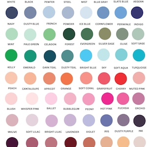 May include: A color chart with the text "COLOR OPTIONS" at the top. The chart displays a variety of color swatches, each labeled with a color name, including white, black, navy, and various shades of pink, green, and blue.