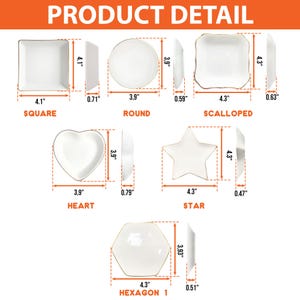 May include: Product detail image showing white ceramic dishes in various shapes: square (4.1" x 4.1"), round (3.9" diameter), scalloped (4.3" x 4.3"), heart (3.9" x 3.9"), star (4.3" x 4.3"), and hexagon (4.3" x 3.93"). Each dish has a gold rim.