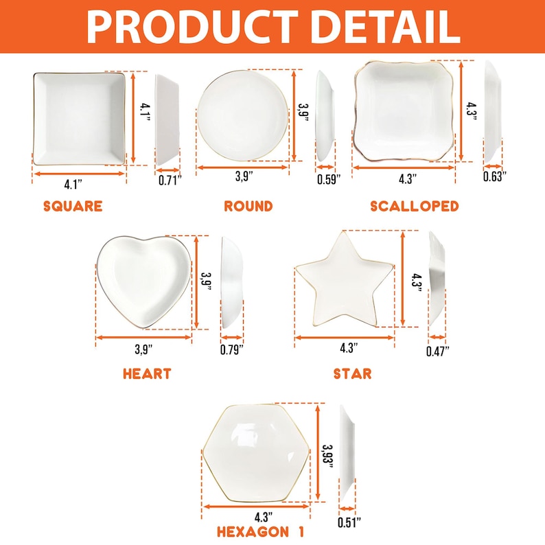 May include: Product detail image showing white ceramic dishes in various shapes: square (4.1" x 4.1"), round (3.9" diameter), scalloped (4.3" x 4.3"), heart (3.9" x 3.9"), star (4.3" x 4.3"), and hexagon (4.3" x 3.93"). Each dish has a gold rim.