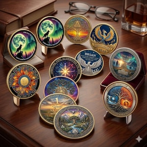 May include: A collection of round, gold-rimmed commemorative coins featuring colorful illustrations of wolves, trees, phoenixes, and sunflowers. The coins display various inscriptions such as "One Day at a Time," "Find Your Light," and "Strength in Balance."