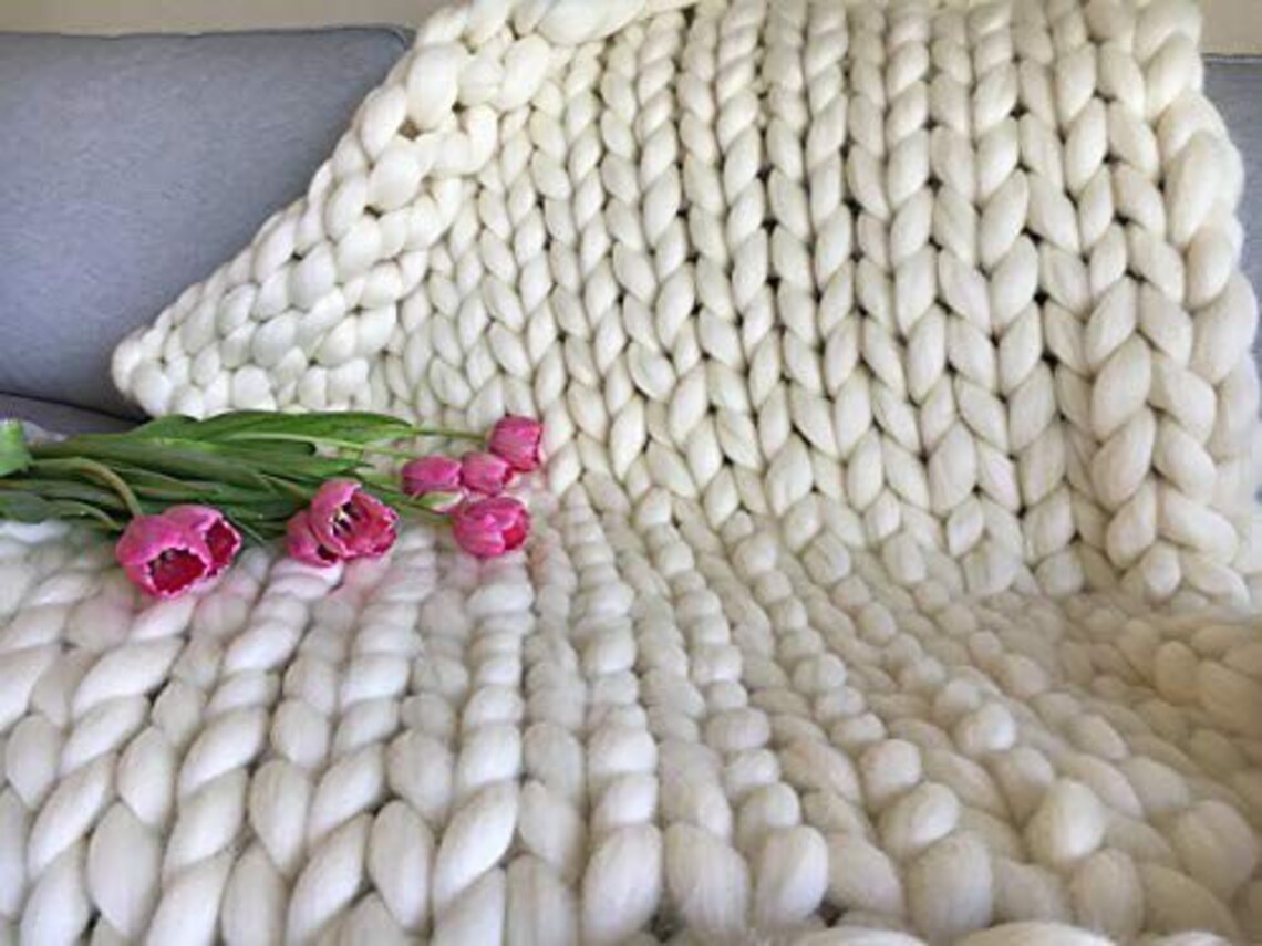 White chunky knit blanket crochet blanket merino wool warm Etsy