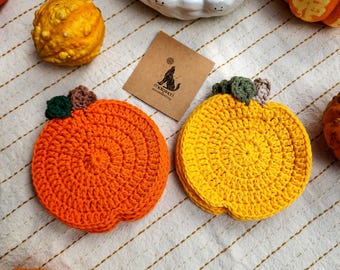 Crochet Pumpkin Coasters (Set of 4) - Fall Decor Cotton Mug Rugs