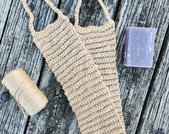 Exfoliating back scrubber crocheted from natural jute - zero waste bath accessory; jute product in your bathroom