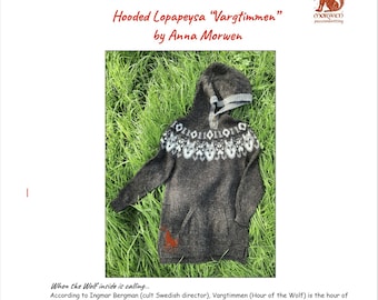 Patrón de sudadera con capucha de punto Wolf Colorwork: Lopapeysa con capucha y bolsillo (patrón PDF)