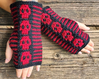 Guantes sin dedos de calavera de crochet: calentadores de muñeca góticos de lana