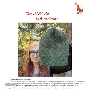 May include: A green and brown knitted hat with a "Tree of Life" design. The hat is held by a person with red hair and glasses. The text "Tree of Life" Hat by Anna Morwen is at the top of the image.