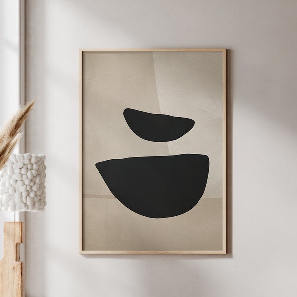 Beige Neutral Abstract Art, Mid Century Modern Wall Art Digital Print, Black Organic Shapes Print, Living Room Wall Art Minimalist