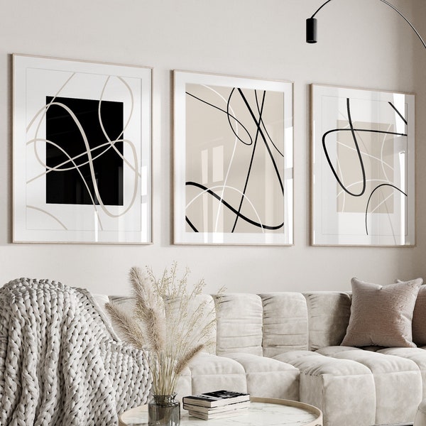 Minimalistische moderne lijn abstracte kunst, licht beige muur kunst, neutrale abstracte kunst, digitale download set van 3, zwart witte lijn kunst, Office Art