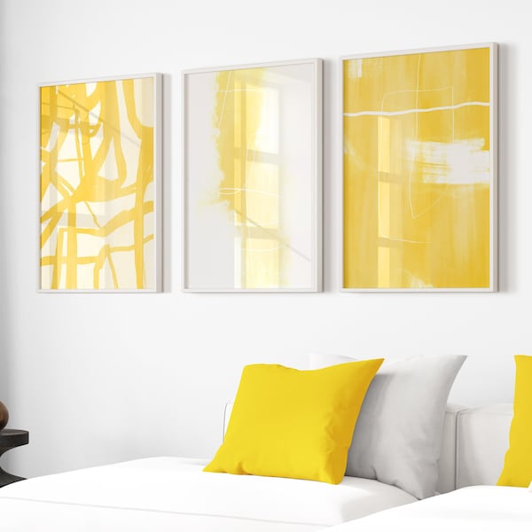 Yellow Abstract Painting, Prints Set of 3, Yellow Print Wall Art, Instant Download Art, Brush Stroke Art, Modern Wall Art, Yellow Home Decor