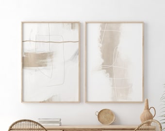 Minimalist Modern Line Abstract Art, Printable Gallery Set of 2 Prints, Beige Line Art, Neutral Brush Stroke Art, Contemporary Abstract Art