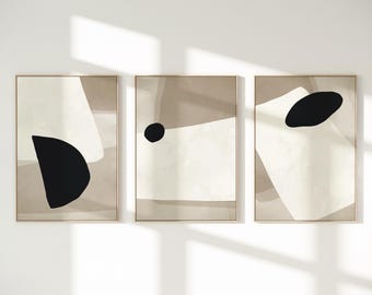 Zestaw 3 beżowych, abstrakcyjnych wydruków artystycznych, neutralna, minimalistyczna dekoracja ścienna, nowoczesna sztuka do druku