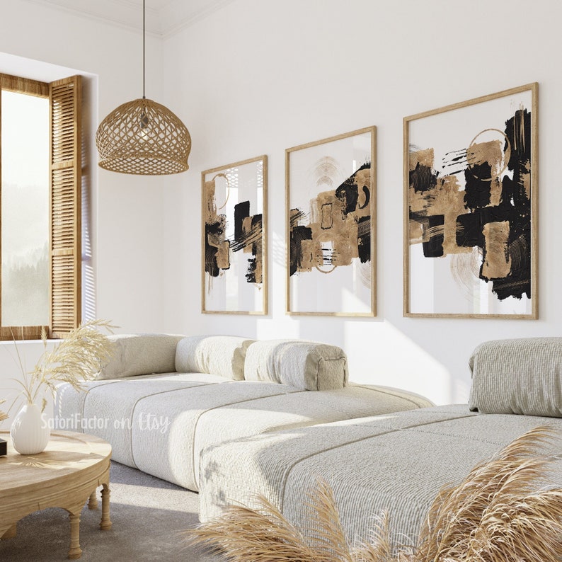 Black Gold Abstract Wall Art Set of 3 Abstract Prints Gold Etsy