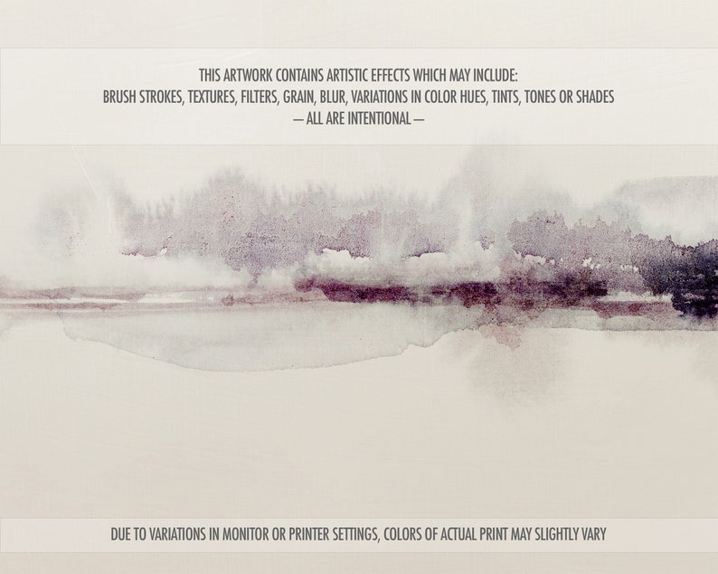 May include: Abstract watercolor painting of a landscape with a hazy purple and gray sky and a reflective body of water. The painting has a soft, dreamy feel.