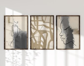 Black Woman Line Art Prints: Set of 3 Abstract Female Faces (Digital Download)