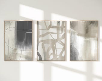 Neutral Abstract Art Prints: Beige & Gray Minimalist Set of 3 (Digital Download)