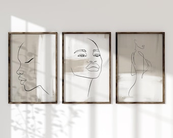 Black Woman Line Art Prints: Modern Abstract Set of 3 (Digital Download)